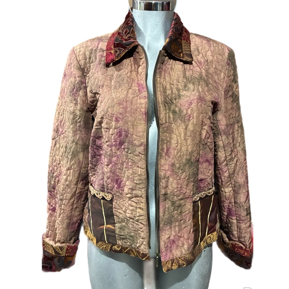 Vntg 90s City Girl Silk Quilted Jacket Abstract Floral Velvet Collar/Cuffs Large